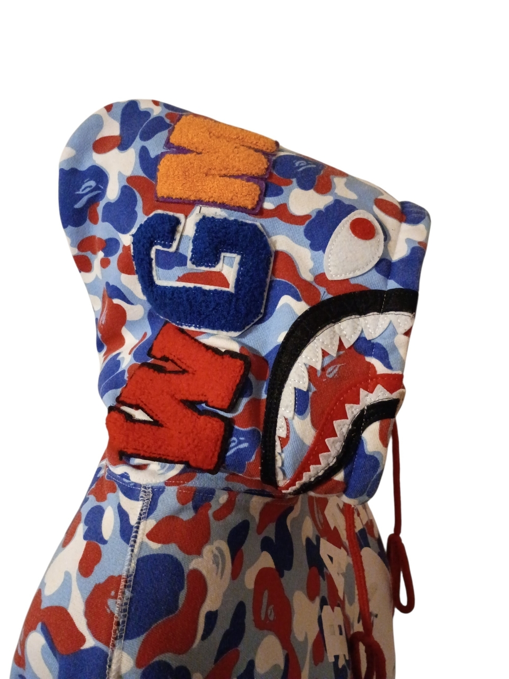 A Bathing Ape BAPE Red, Blue, White Camo Pullover Hoodie.